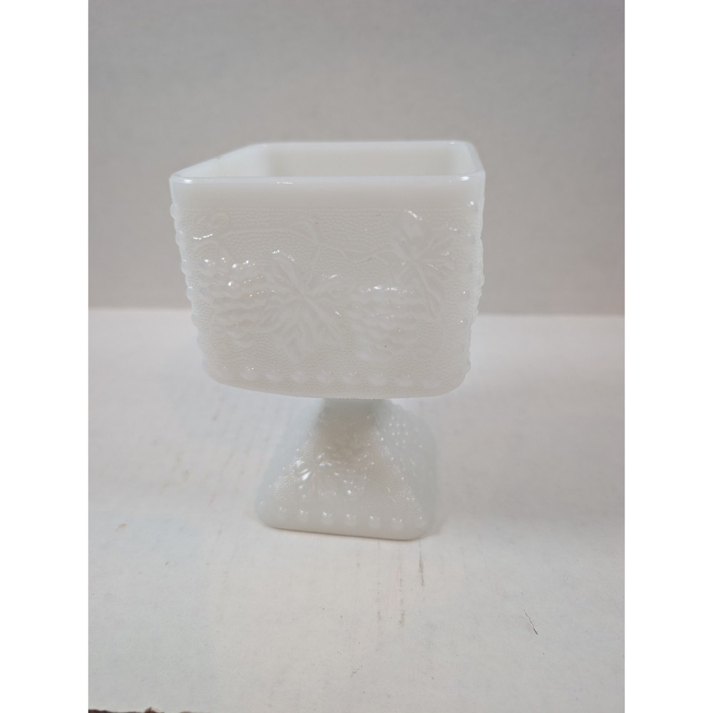 Vintage Milk Glass Square Pedestal Bowl Planter Grape Leaf Emboss Hobnail White